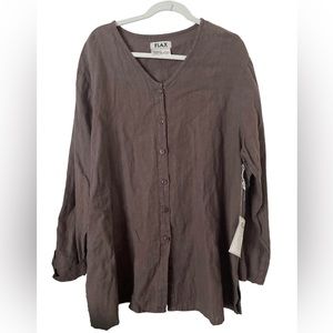 Flax 100% Linen Brown V-neck Long Line Tunic Button Front Top Size 1X